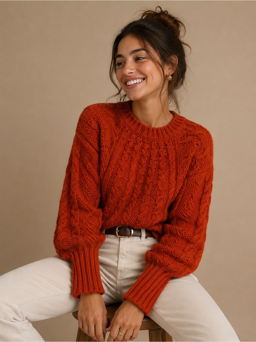 Six/Fifty Rust Cable Knit Sweater Chunky Cozy Fall Pullover Size L